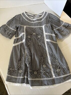 FREE PEOPLE SUNNY DAY DRESS BLACK & WHITE FLORAL EMBROIDERY & LACE DETAILS SZ XS
